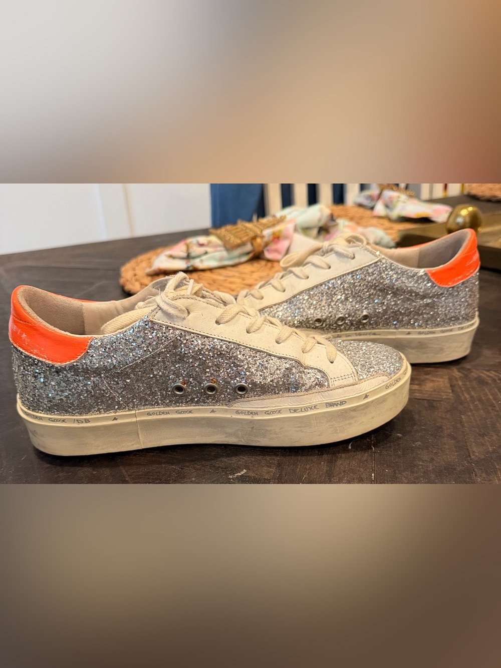 Golden Goose Hi Star Silver Glitter Sneaker with Peach Star/Orange Heel Tab - Picture 7 of 9
